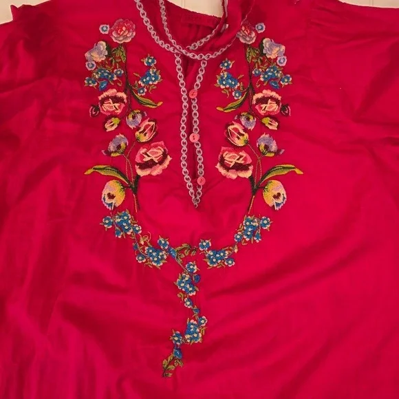 Johnny Was Women's Size M Tunic Fuchsia Pink Floral Embroidered Boho Cotton Top - Picture 4 of 9
